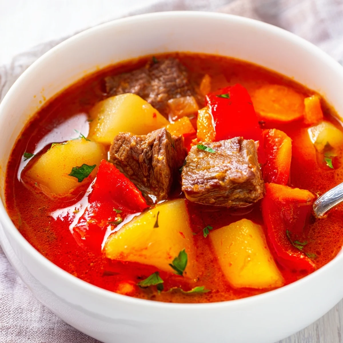 Echtes Gulaschsuppe-Rezept mit zartem Rindfleisch, Paprika und würzigen Gemüsen.