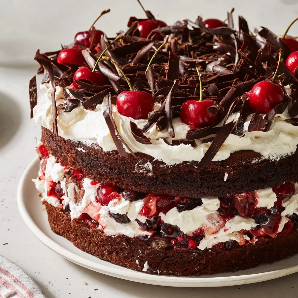 Schwarzwälder Kirschtorte mit Schokoladenschichten, Kirschen und Sahnehaube verziert.