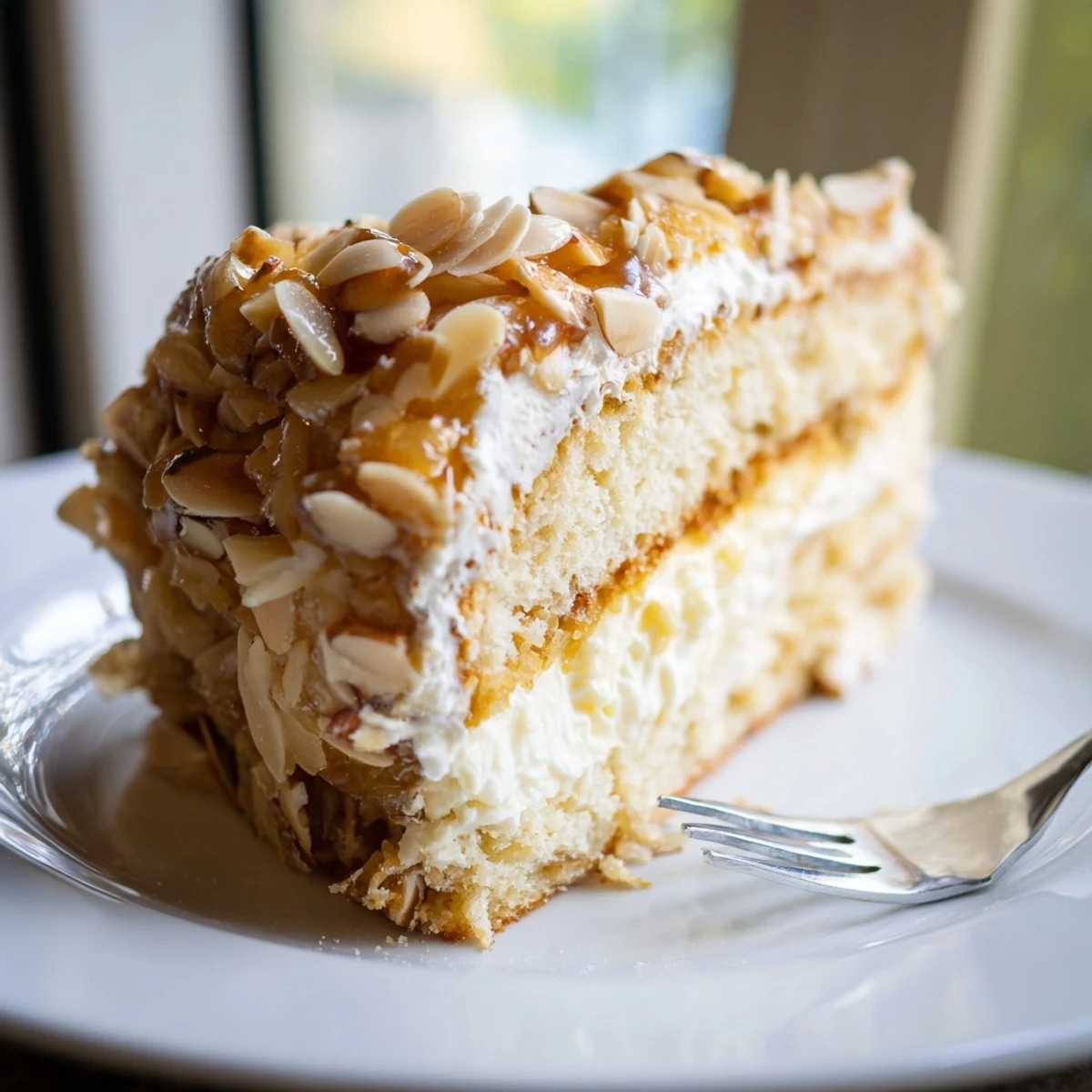 Himmlischer Bee Sting Cake mit zarter Vanillecreme und knusprigen Honig-Mandel-Topping.  