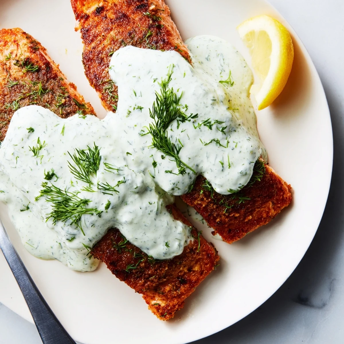 Saftig gebratener Lachs mit cremiger Dillsoße, perfekt für eine elegante Mahlzeit.  
