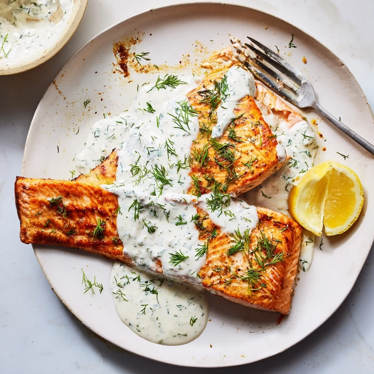 Zarten Lachsfilets, knusprig gebraten und garniert mit frischer Dillsoße und Zitrone.  