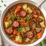 Linseneintopf mit geräucherter Wurst