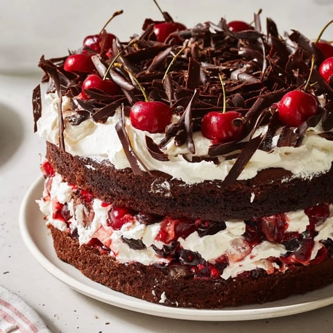 Schwarzwälder Kirschtorte mit Schokoladenschichten, Kirschen und Sahnehaube verziert.